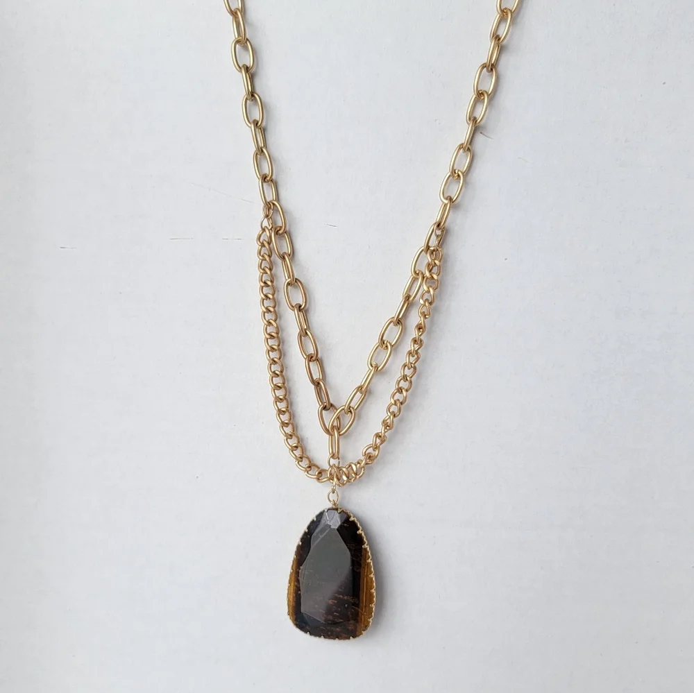 Tigers Eye Pendant Necklace Layered Chain Genuine Stone